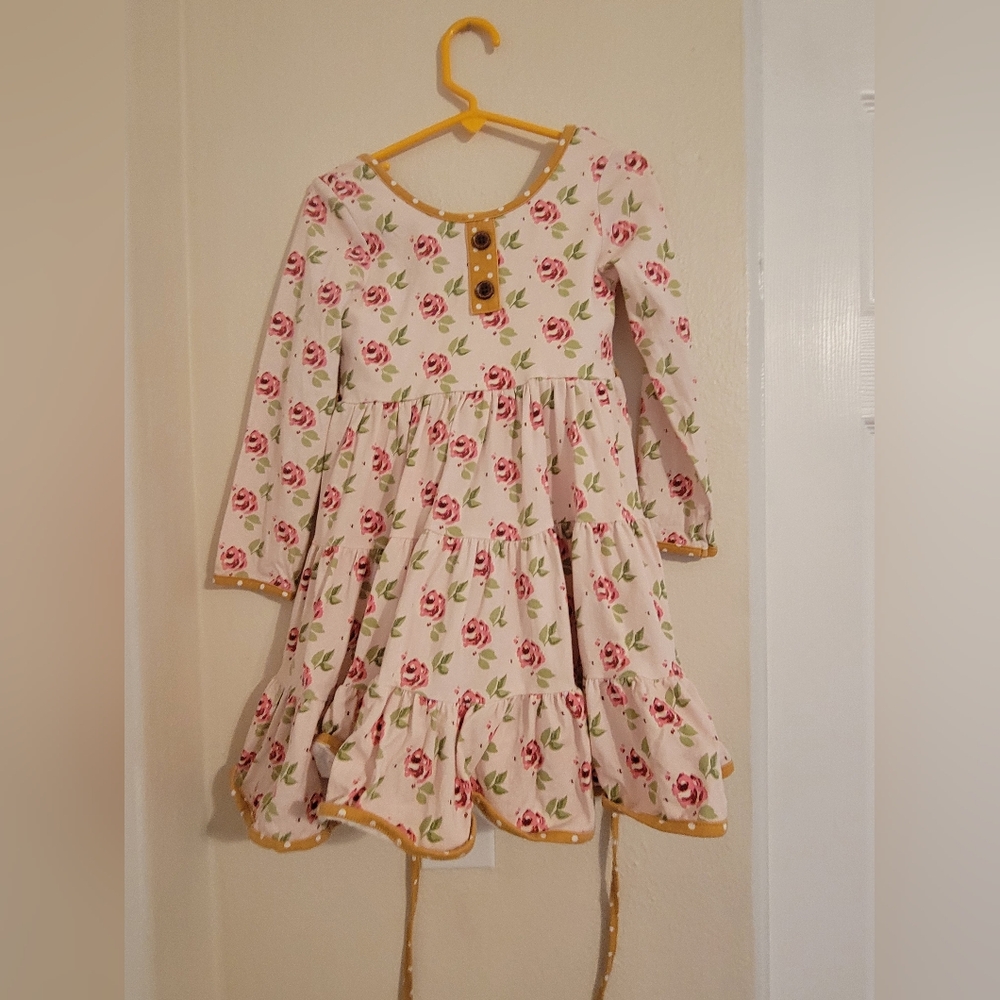 SweetHoney Cream Dress with Pink Rose Print and Mustard Trim